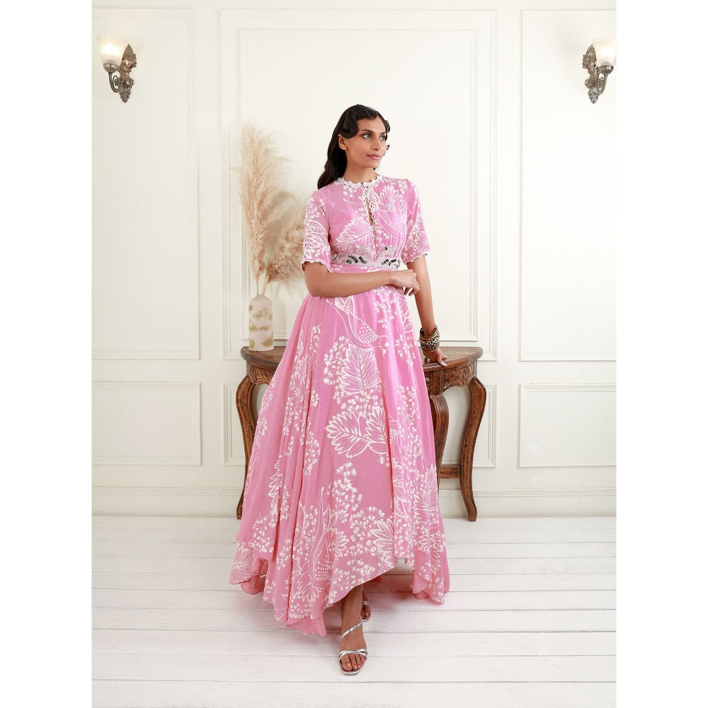 EK Soot Rose Pink Printed Crepe Asymmetric Dress and Embroidered Belt (Set of 2)