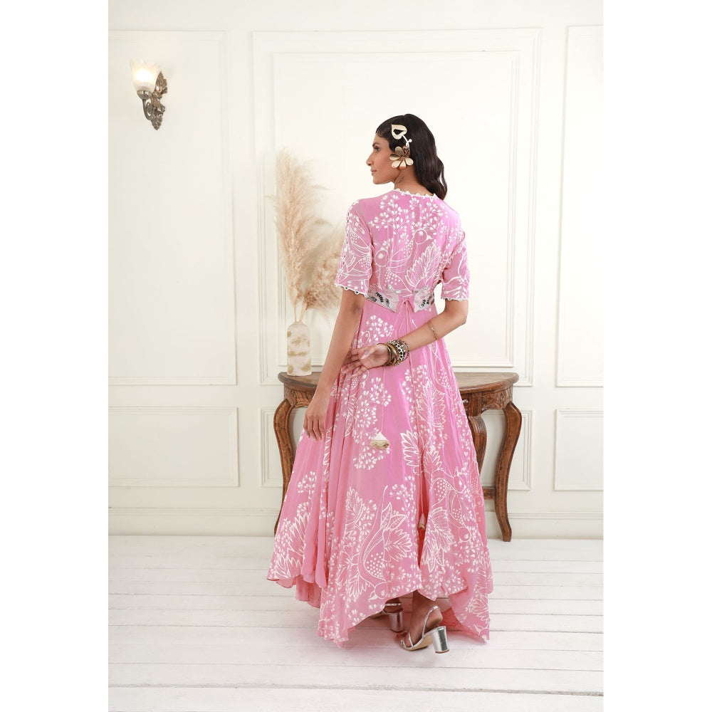 EK Soot Rose Pink Printed Crepe Asymmetric Dress and Embroidered Belt (Set of 2)