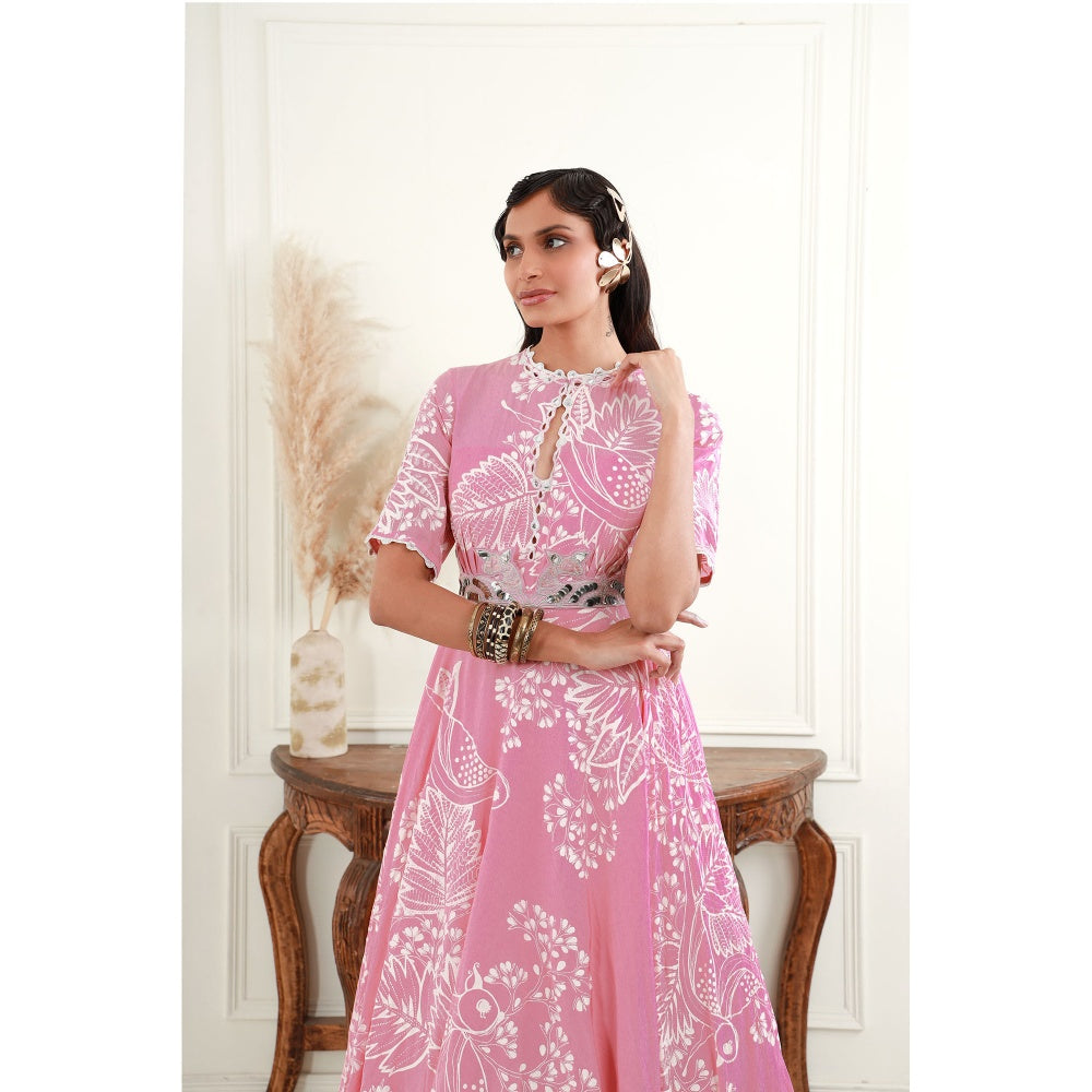 EK Soot Rose Pink Printed Crepe Asymmetric Dress and Embroidered Belt (Set of 2)
