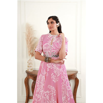 EK Soot Rose Pink Printed Crepe Asymmetric Dress and Embroidered Belt (Set of 2)
