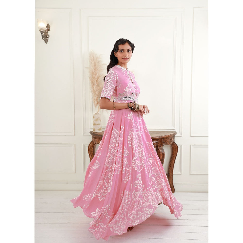 EK Soot Rose Pink Printed Crepe Asymmetric Dress and Embroidered Belt (Set of 2)