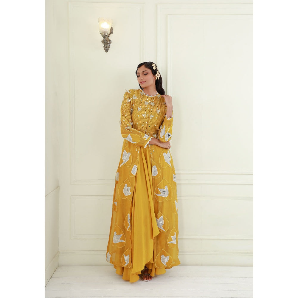 EK Soot Yellow Embroidered Jacket with Blouse and Silk Draped Skirt (Set of 3)