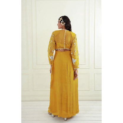 EK Soot Yellow Embroidered Jacket with Blouse and Silk Draped Skirt (Set of 3)