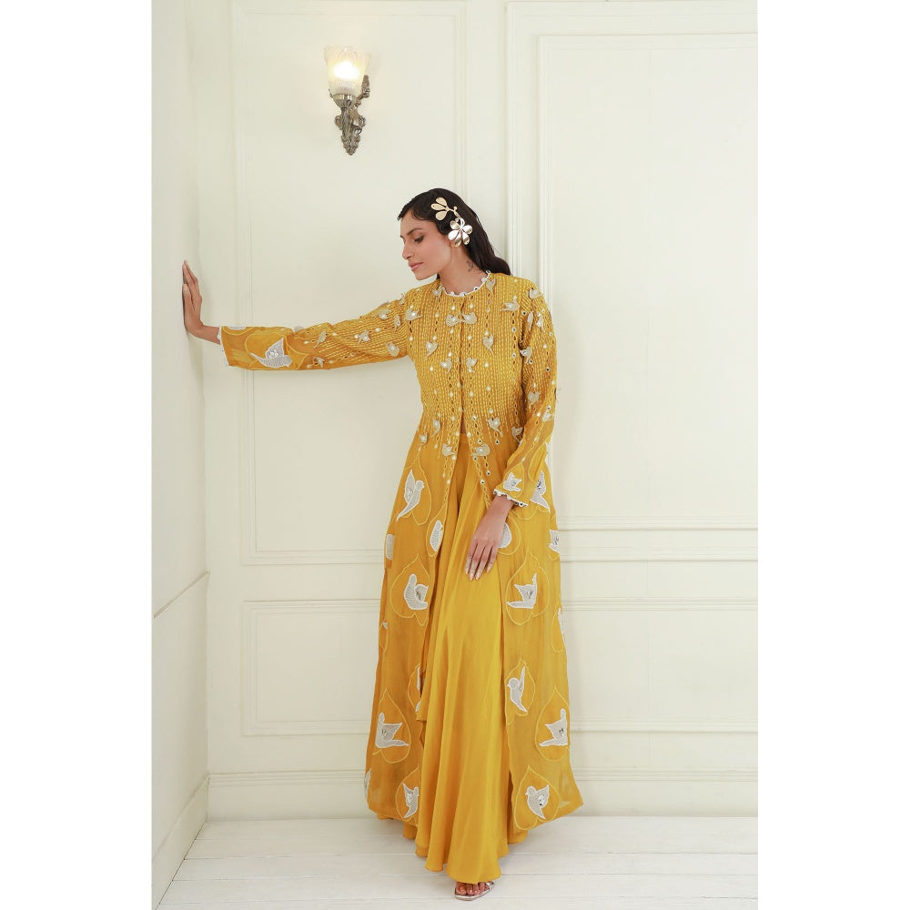 EK Soot Yellow Embroidered Jacket with Blouse and Silk Draped Skirt (Set of 3)