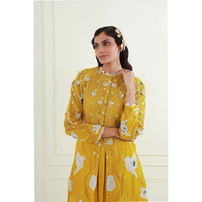 EK Soot Yellow Embroidered Jacket with Blouse and Silk Draped Skirt (Set of 3)