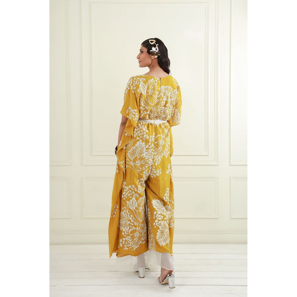 EK Soot Yellow Printed Silk Embroidered Jumpsuit
