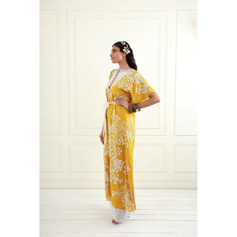 EK Soot Yellow Printed Silk Embroidered Jumpsuit