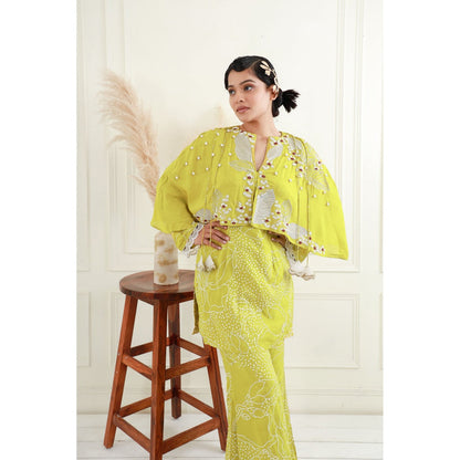 EK Soot Yellow Crepe Embroidered Short Kurta and Flared Pant (Set of 2)