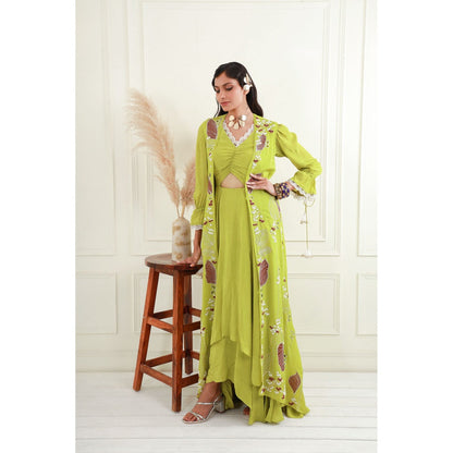 EK Soot Green Lime Embroidered Jacket with Asymmetric Dress (Set of 2)