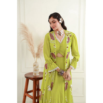 EK Soot Green Lime Embroidered Jacket with Asymmetric Dress (Set of 2)