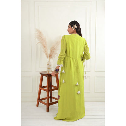 EK Soot Green Lime Embroidered Jacket with Asymmetric Dress (Set of 2)