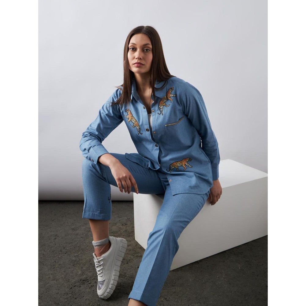 Elarra Blue Embroidered Bliss Tiger Co-Ord (Set of 2)