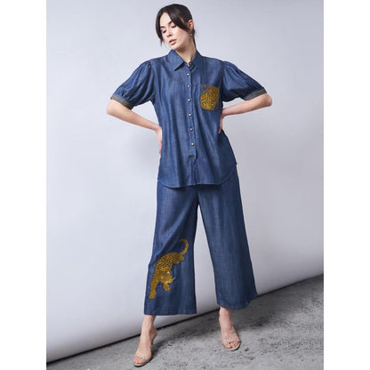 Elarra Blue Embroidered Dark D Panther Co-Ord (Set of 2)