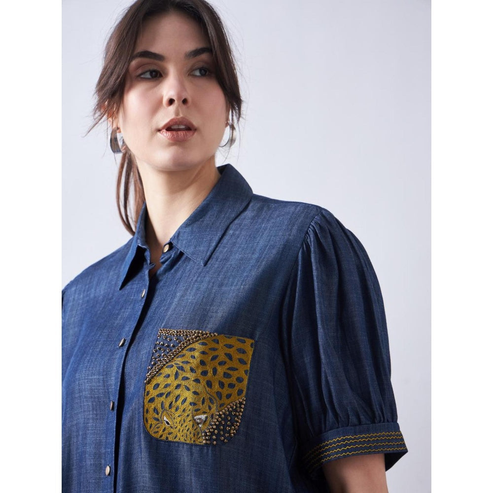 Elarra Blue Embroidered Dark D Panther Co-Ord (Set of 2)