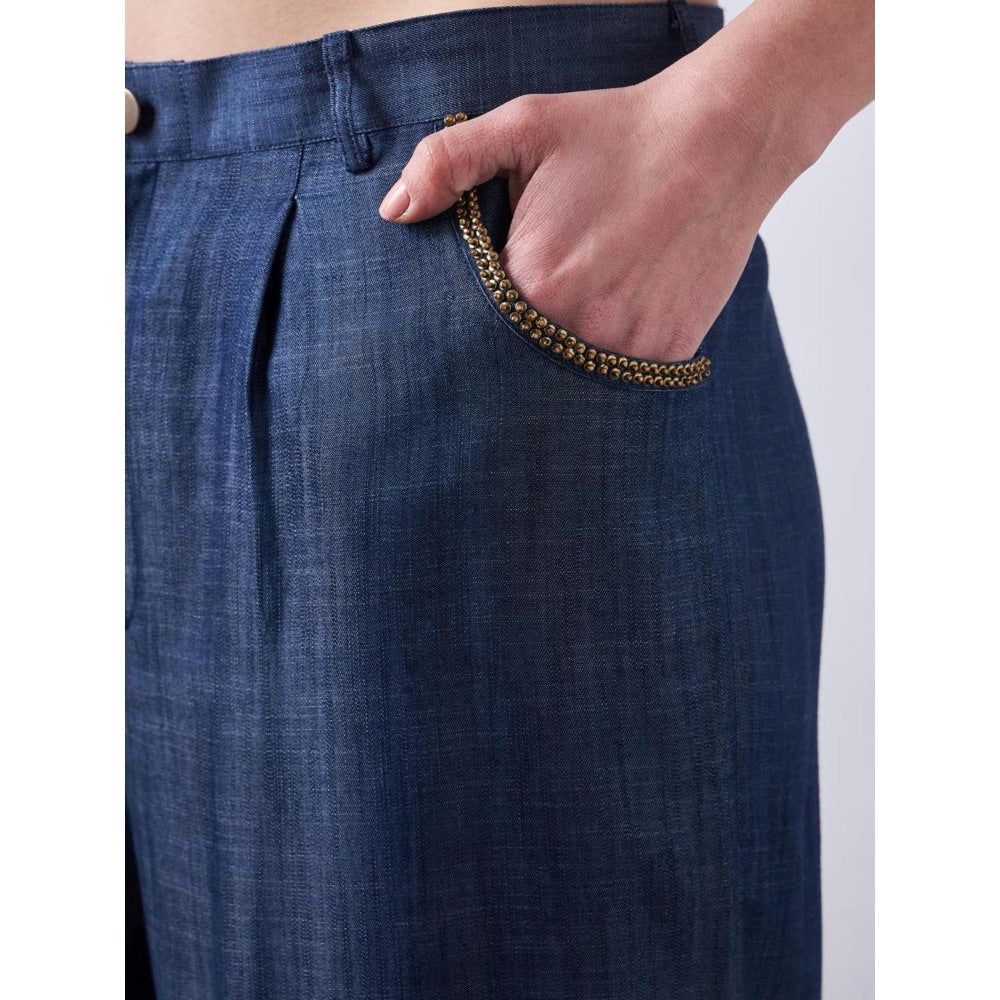 Elarra Blue Embroidered Dark D Panther Co-Ord (Set of 2)