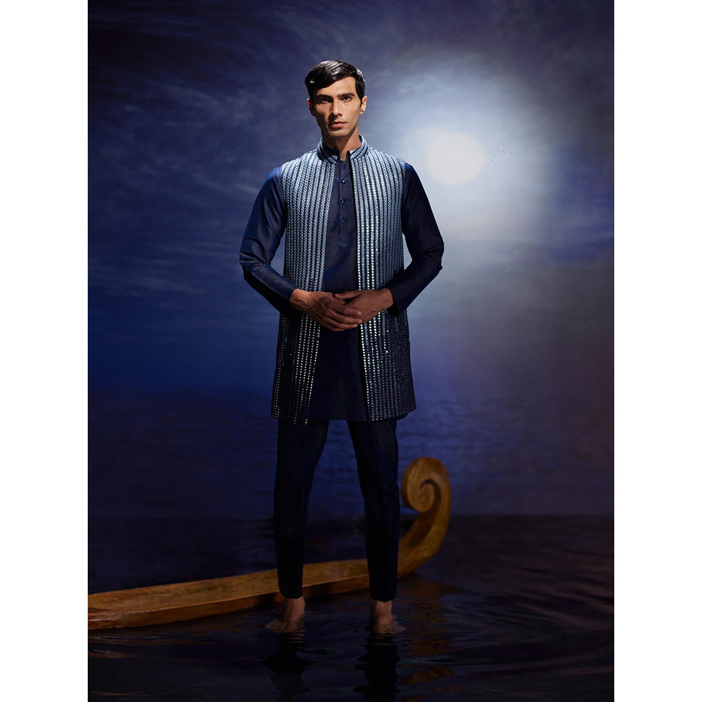 Eleven Brothers Lehar Mirror Hand Embroidery Silk Kurta with Nehru Jacket & Trouser