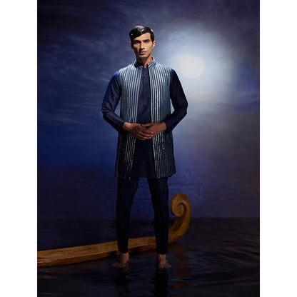 Eleven Brothers Lehar Mirror Hand Embroidery Silk Kurta with Nehru Jacket & Trouser
