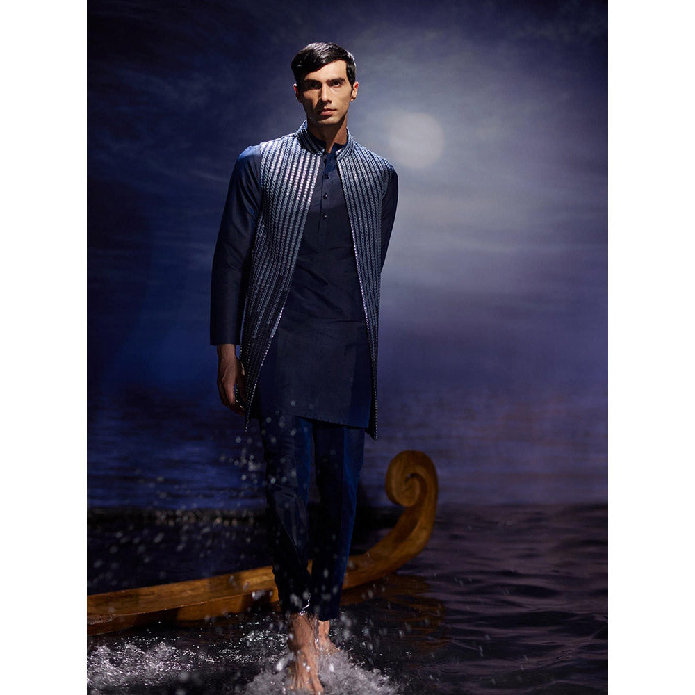 Eleven Brothers Lehar Mirror Hand Embroidery Silk Kurta with Nehru Jacket & Trouser