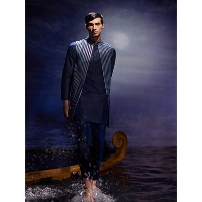 Eleven Brothers Lehar Mirror Hand Embroidery Silk Kurta with Nehru Jacket & Trouser