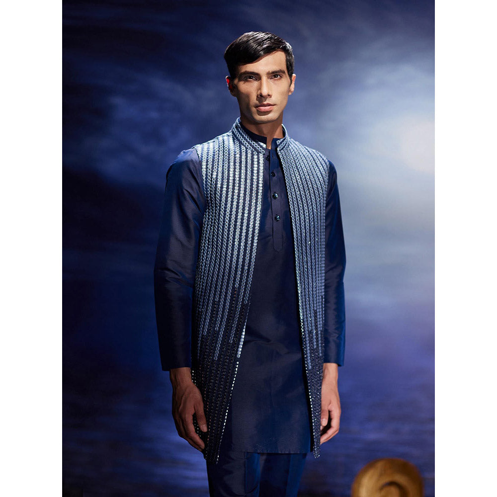 Eleven Brothers Lehar Mirror Hand Embroidery Silk Kurta with Nehru Jacket & Trouser