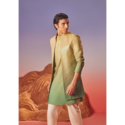 Eleven Brothers Noorani Silk Embroidery Green Kurta with Nehru Jacket & Trouser