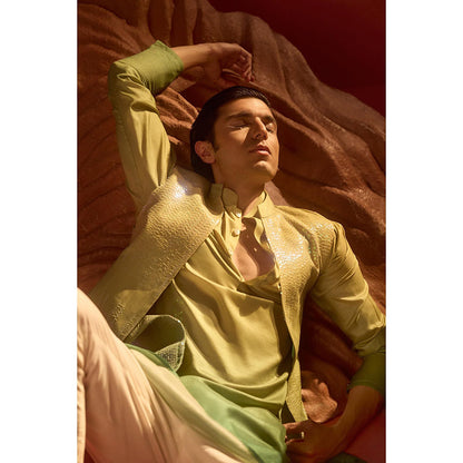 Eleven Brothers Noorani Silk Embroidery Green Kurta with Nehru Jacket & Trouser