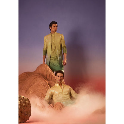 Eleven Brothers Noorani Silk Embroidery Green Kurta with Nehru Jacket & Trouser