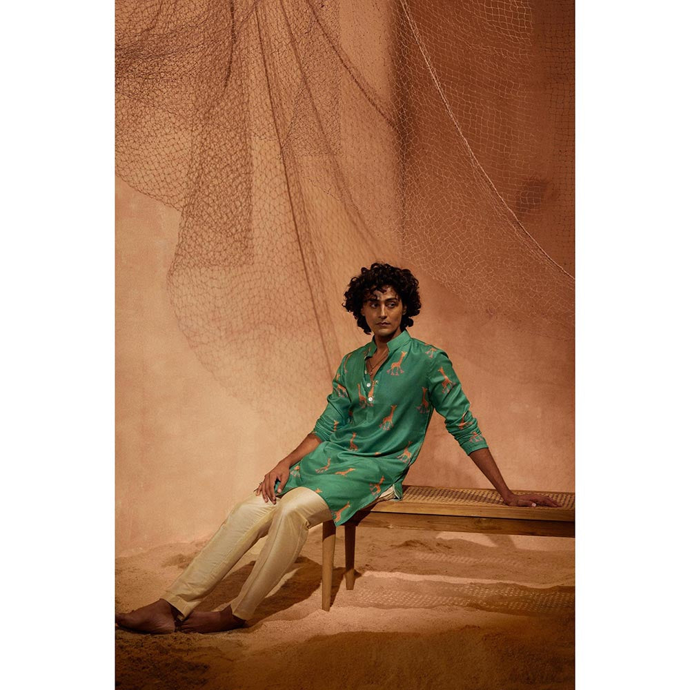 Eleven Brothers Green Rolling Giraffe Silk Kurta