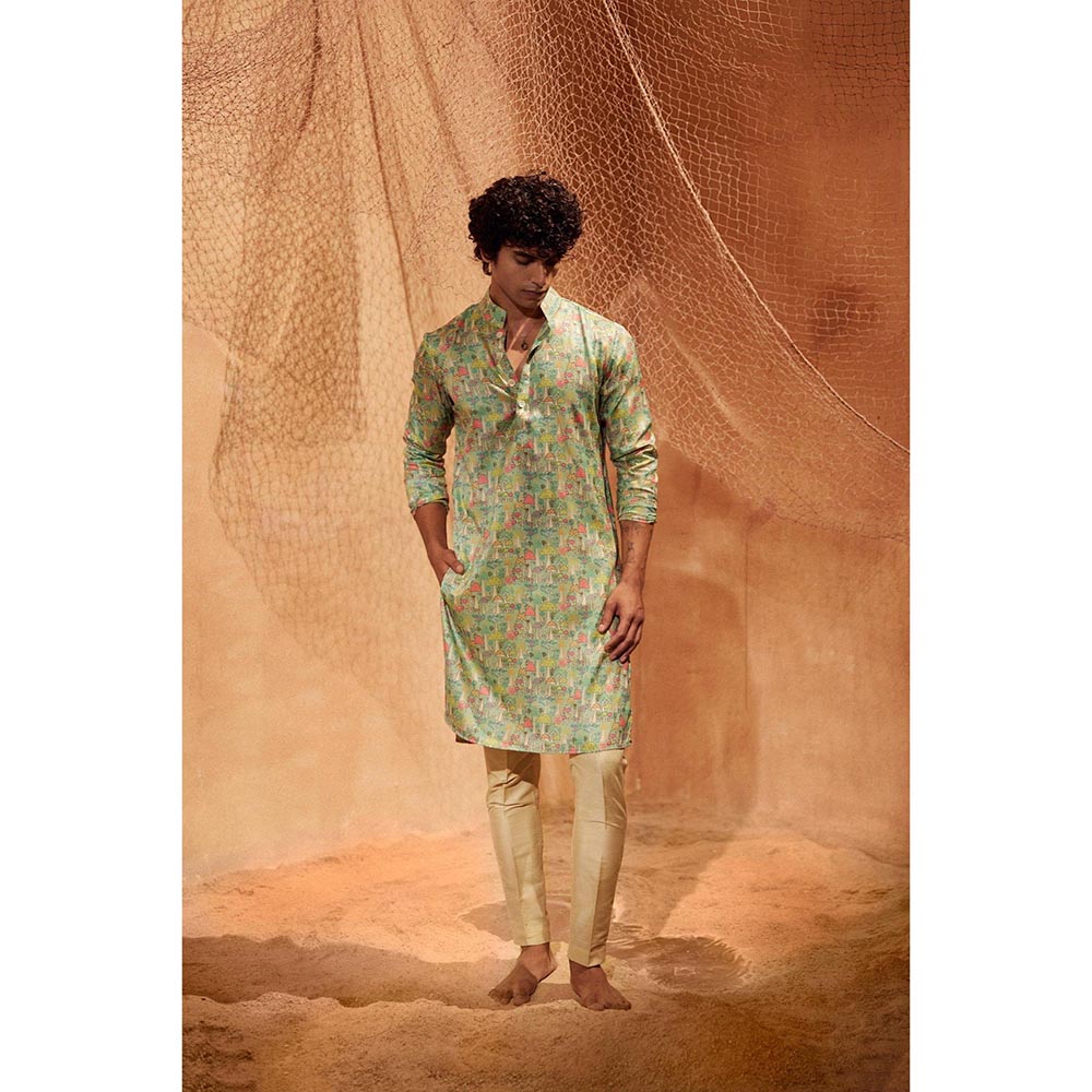 Eleven Brothers Green Mushroom Garden Silk Kurta