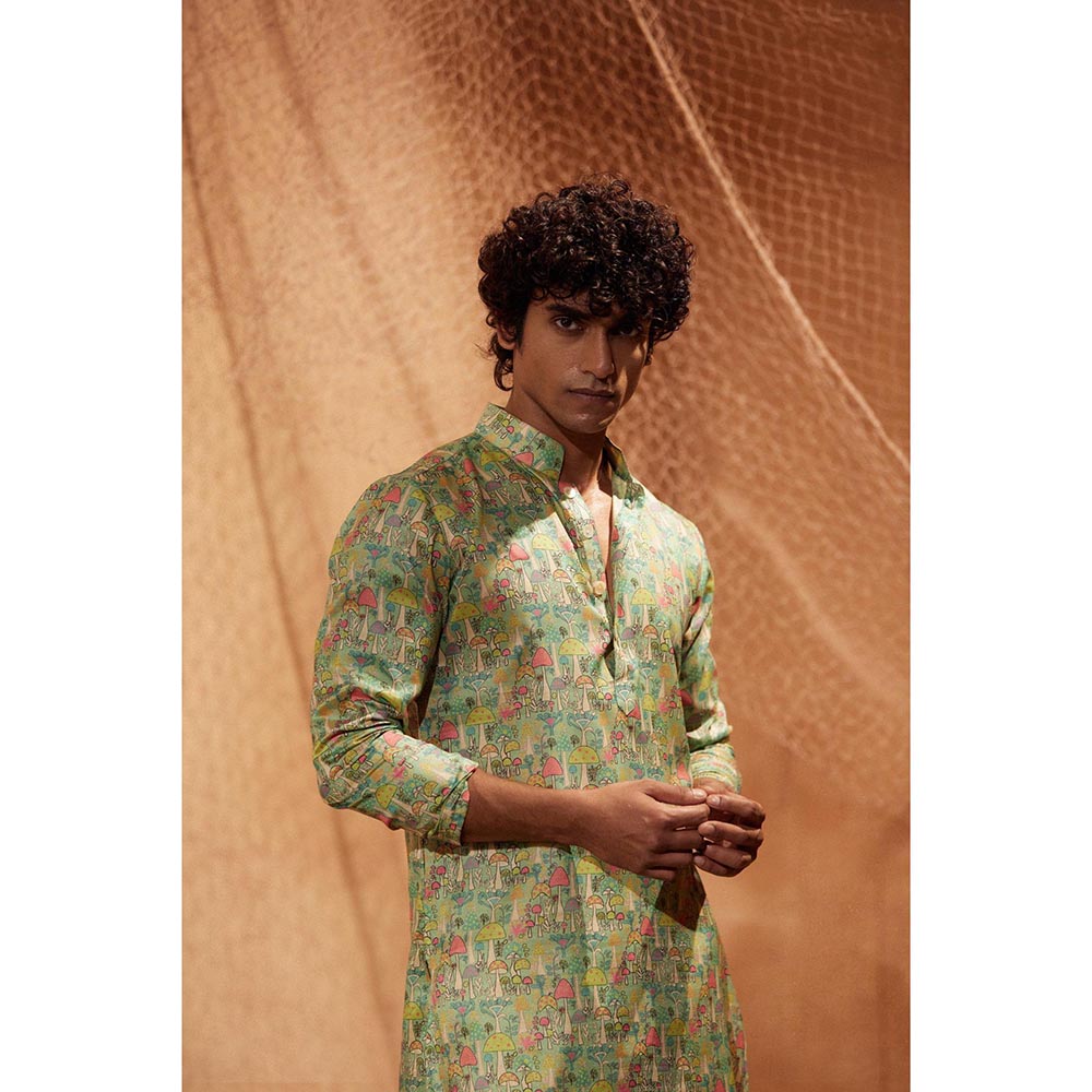 Eleven Brothers Green Mushroom Garden Silk Kurta