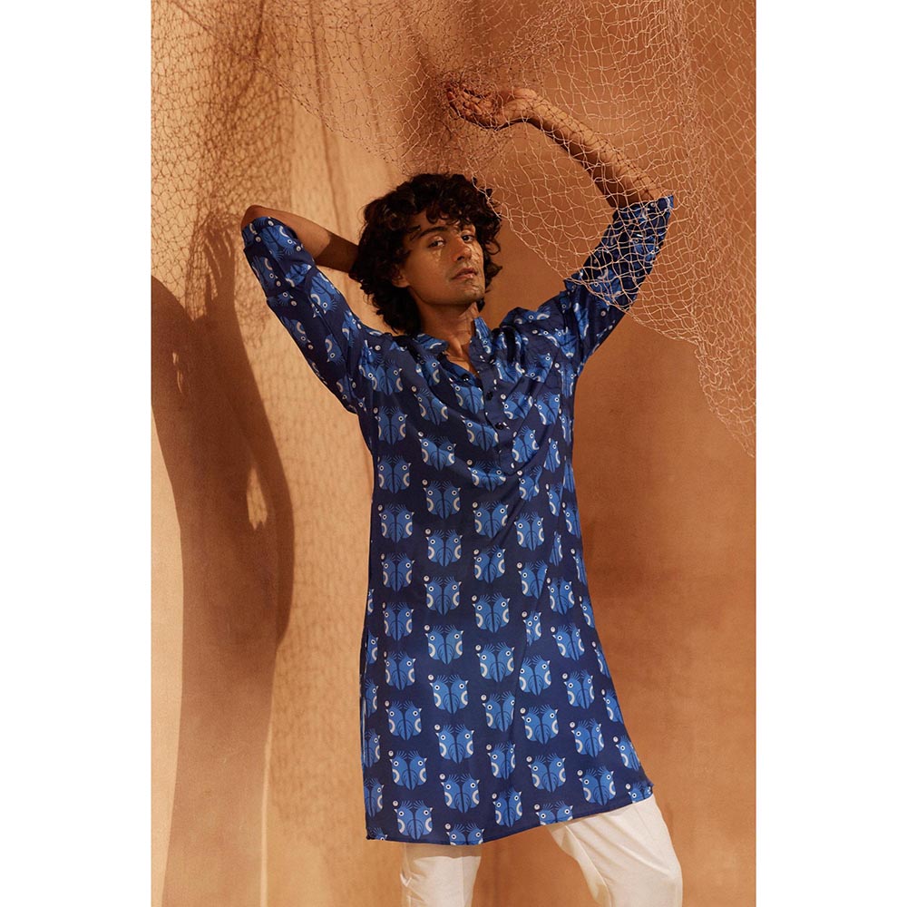 Eleven Brothers Blue Sea Birds Silk Kurta