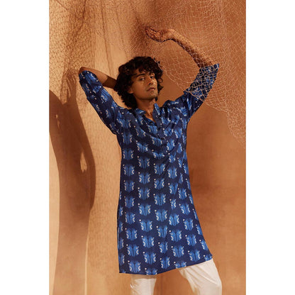 Eleven Brothers Blue Sea Birds Silk Kurta