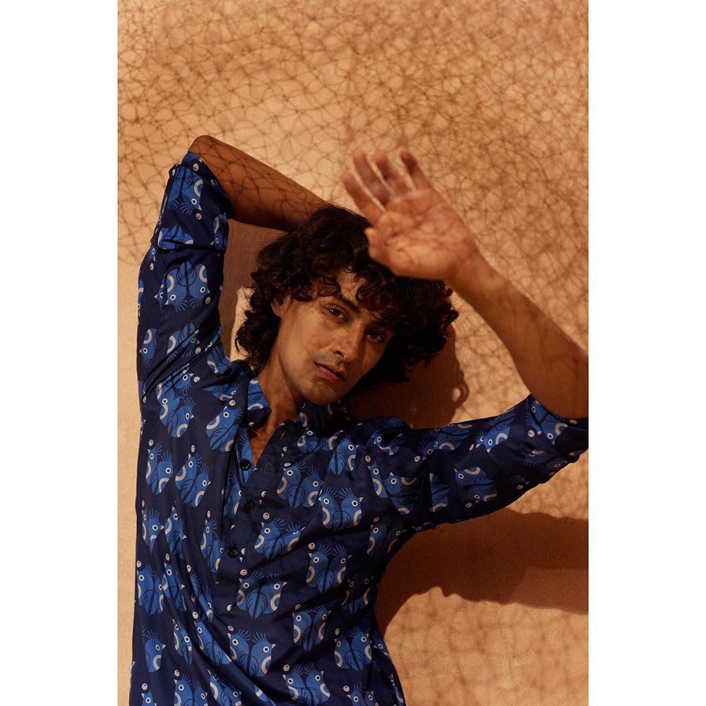 Eleven Brothers Blue Sea Birds Silk Kurta