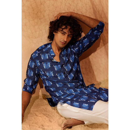 Eleven Brothers Blue Sea Birds Silk Kurta
