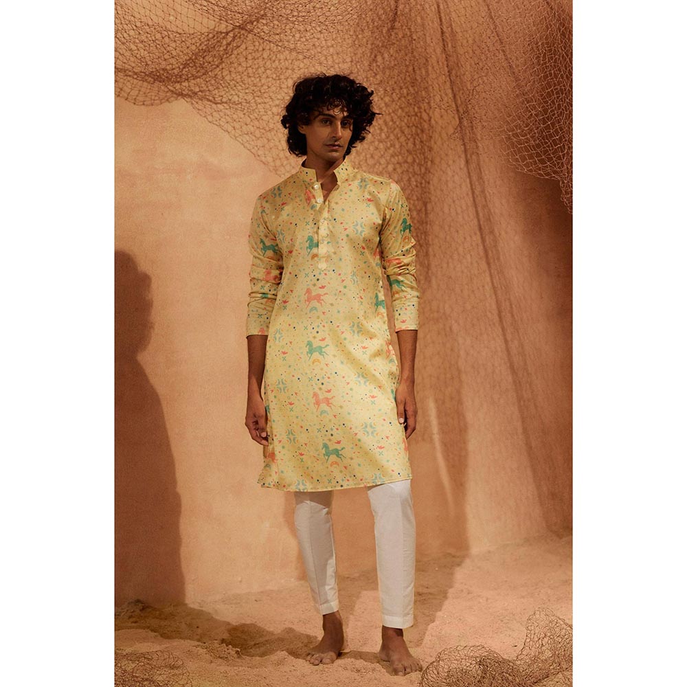 Eleven Brothers Yellow Flying Horses -Silk Kurta