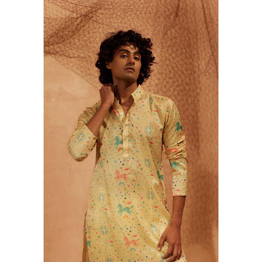 Eleven Brothers Yellow Flying Horses -Silk Kurta