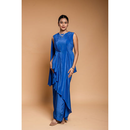Ellemora Royal Blue Long Drape Top with Pant (Set of 2)