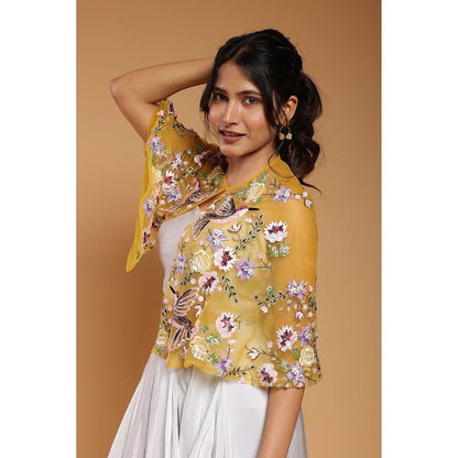 Ellemora Mustard Floral Embroidered Harem Drape Skirt with Bustier and Cape (Set of 3)