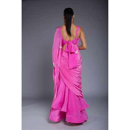 Ellemora Pink Pre-Draped Saree with Stitched Blouse