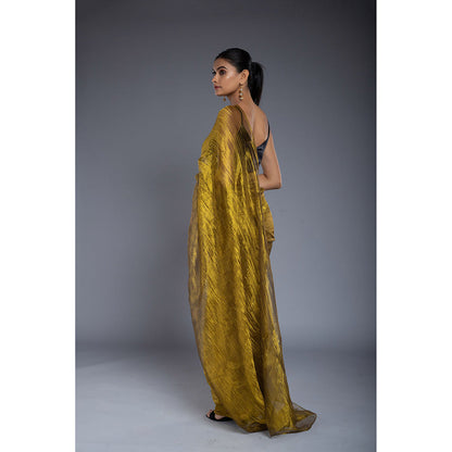 Ellemora Gold Pre-Draped Saree with Stitched Blouse