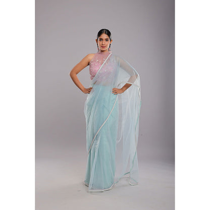 Ellemora Blue Glacial Beauty Handcrafted Saree with Stitched Blouse