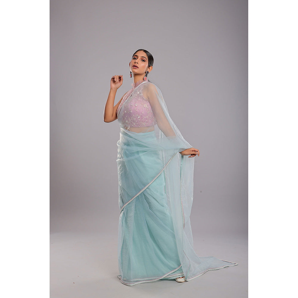 Ellemora Blue Glacial Beauty Handcrafted Saree with Stitched Blouse