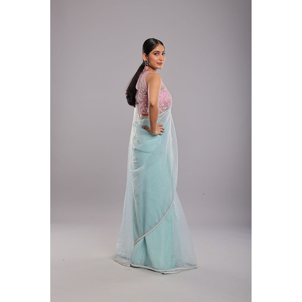 Ellemora Blue Glacial Beauty Handcrafted Saree with Stitched Blouse