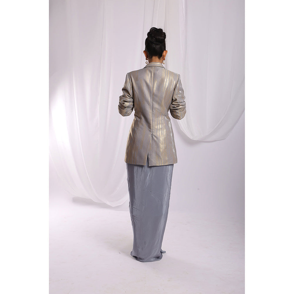 Ellemora Grey Steel Elegance Drape Ensemble Skirt with Bustier and Blazer (Set of 3)