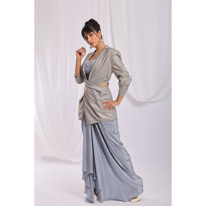 Ellemora Grey Steel Elegance Drape Ensemble Skirt with Bustier and Blazer (Set of 3)