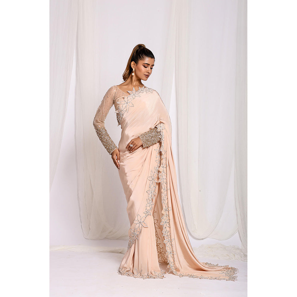 Ellemora Beige Luxe Bloom Water Pre-Draped Saree with Stitched Blouse