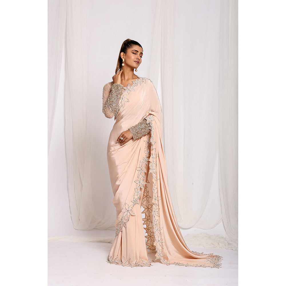 Ellemora Beige Luxe Bloom Water Pre-Draped Saree with Stitched Blouse
