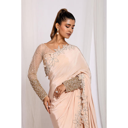 Ellemora Beige Luxe Bloom Water Pre-Draped Saree with Stitched Blouse