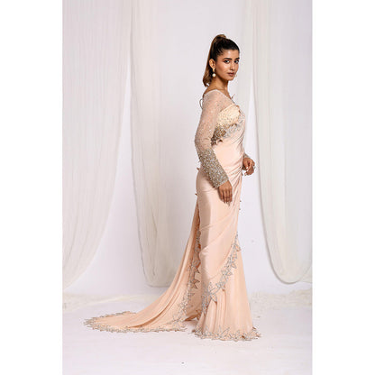Ellemora Beige Luxe Bloom Water Pre-Draped Saree with Stitched Blouse