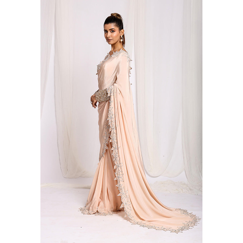 Ellemora Beige Luxe Bloom Water Pre-Draped Saree with Stitched Blouse